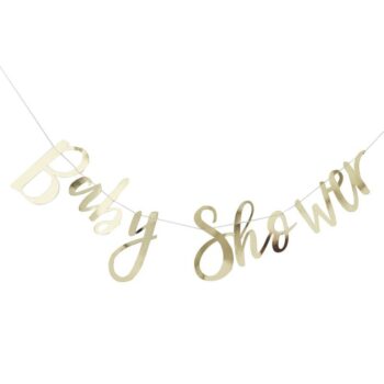 Baby Shower tyylikäs kultainen banneri Ohuessa nauhassa on kultaisilla kiiltävillä kirjaimilla kirjoitettu teksti "Baby Shower". Viiri on kevyt ja se on helppo ripustaa esimerkiksi seinälle. Elegantin viirin avulla luot tyylikkään tunnelman Baby Shower -juhliin ja tämän bannerin edessä on ihana ottaa valokuvat koko Baby Shower porukasta. 