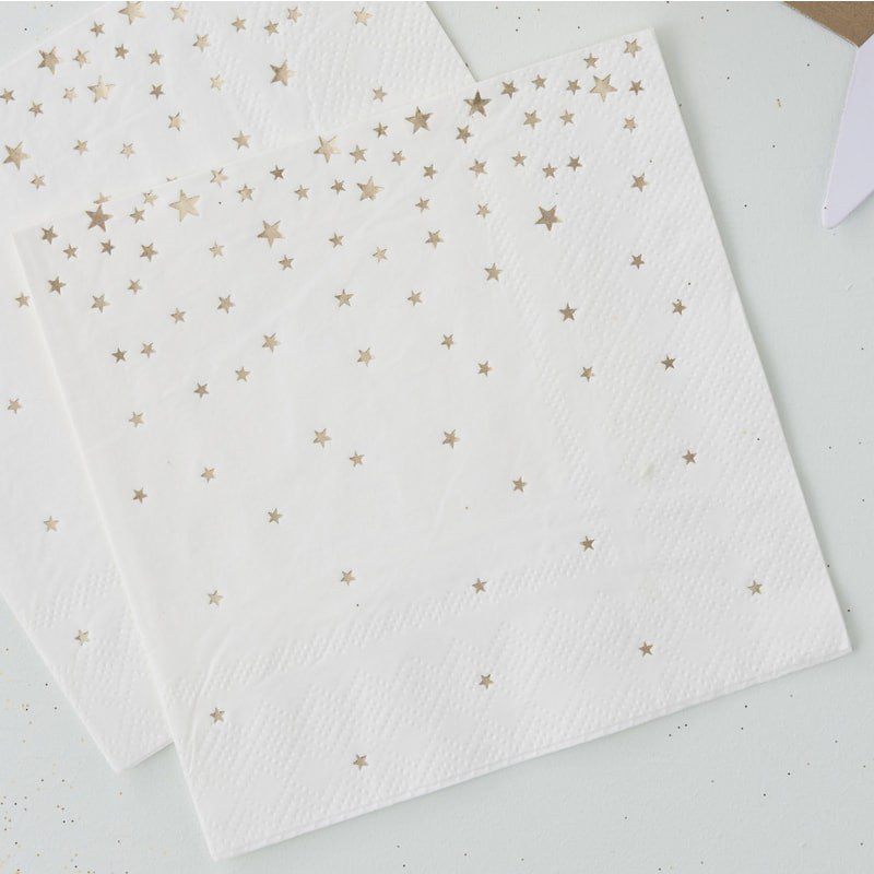 Ginger Ray valkoiset servetit kultaisilla tähdillä Monenlaisiin juhliin kauniisti sopivat lautasliinat kultaisilla yksityiskohdilla! Näissä serveteissä on kiiltäviä kultaisia tähtiä.