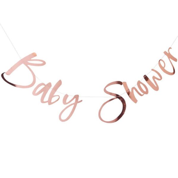 Ginger Ray Baby Shower ruusukultainen kiiltävä banneri Ohuessa nauhassa on ruusukultaisilla kiiltävillä kirjaimilla kirjoitettu teksti "Baby Shower" . Tämä tyylikäs banneri luo Baby Showereille viimeisteltyä tunnelmaa ja voit yhdistää sen kauniisti ilmapalloihin, pom pom -koristeisiin tai foliopalloihin!
